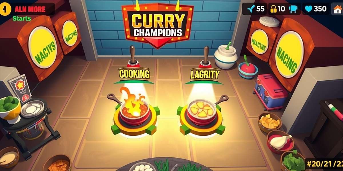 Curry Combat Champions gameplay screenshot showing players competing in a colorful kitchen arena with various ingredients and cooking stations